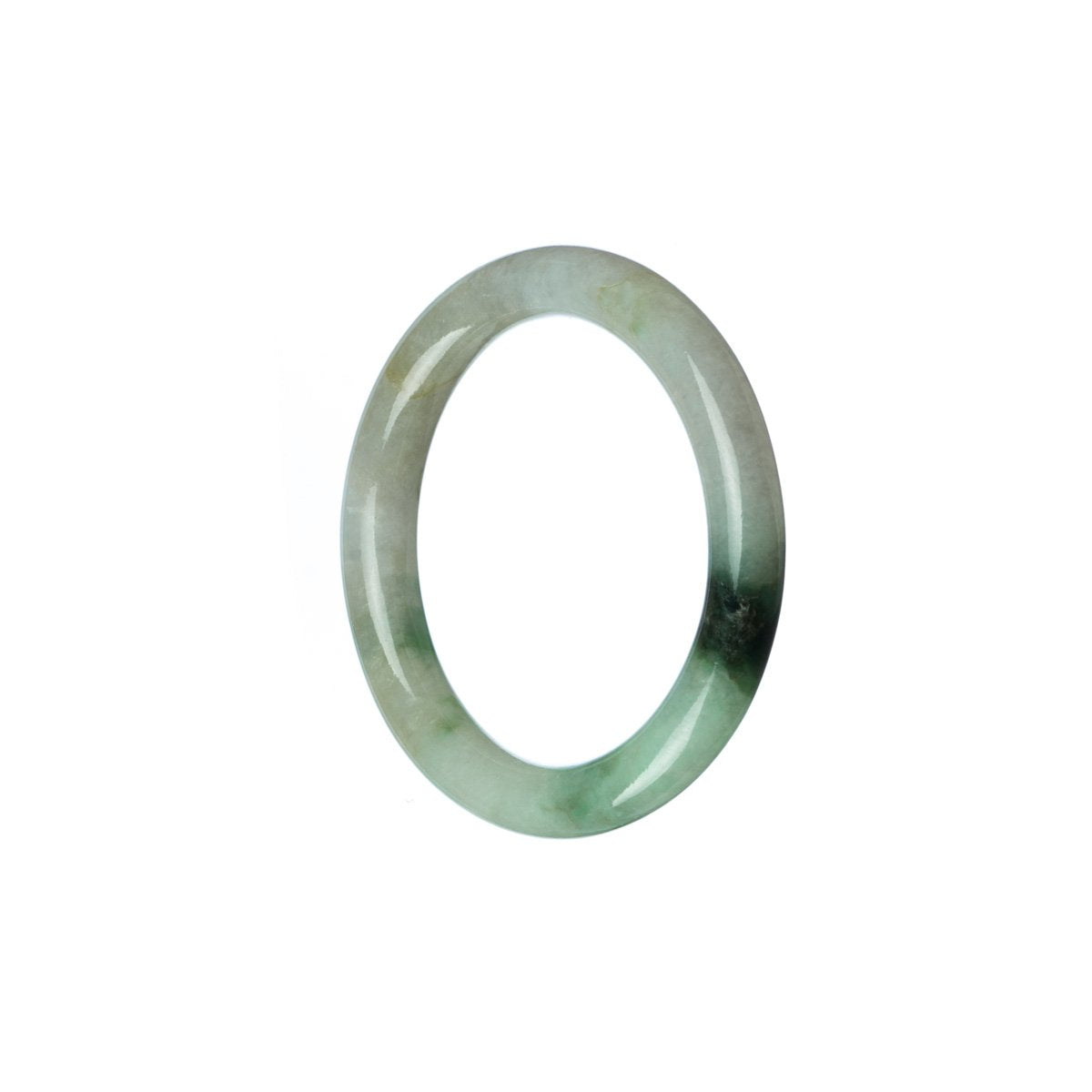A small, round green and white jade bracelet, specially made for children. It is certified as Type A jade and is sold by MAYS GEMS.