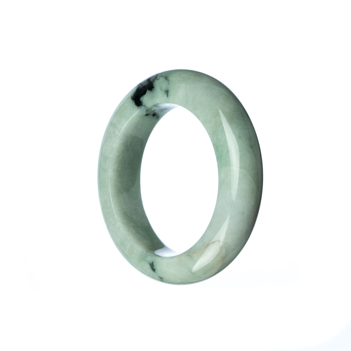 A close-up image of a green jade bracelet, featuring a semi-round shape and designed for children. The bracelet is made from authentic grade A jade and is sold by MAYS GEMS.