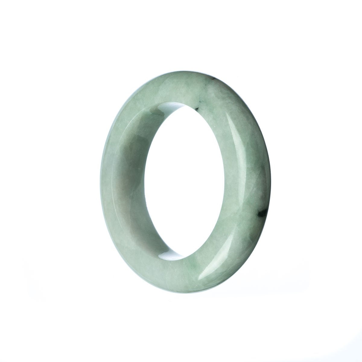 A close-up photo of a pale green jade bangle with a semi-round shape, suitable for a child. The bangle is made from genuine Grade A jadeite jade and is sold by MAYS.