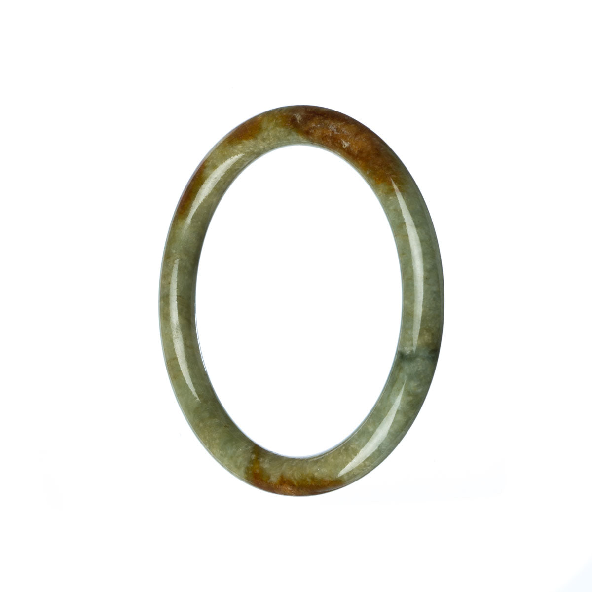 Image of a small, 52mm green-brown jade bangle bracelet with a glossy finish. The bracelet is made from genuine Grade A Burma jade and has been certified as such. It is a delicate and stylish accessory with a timeless appeal.