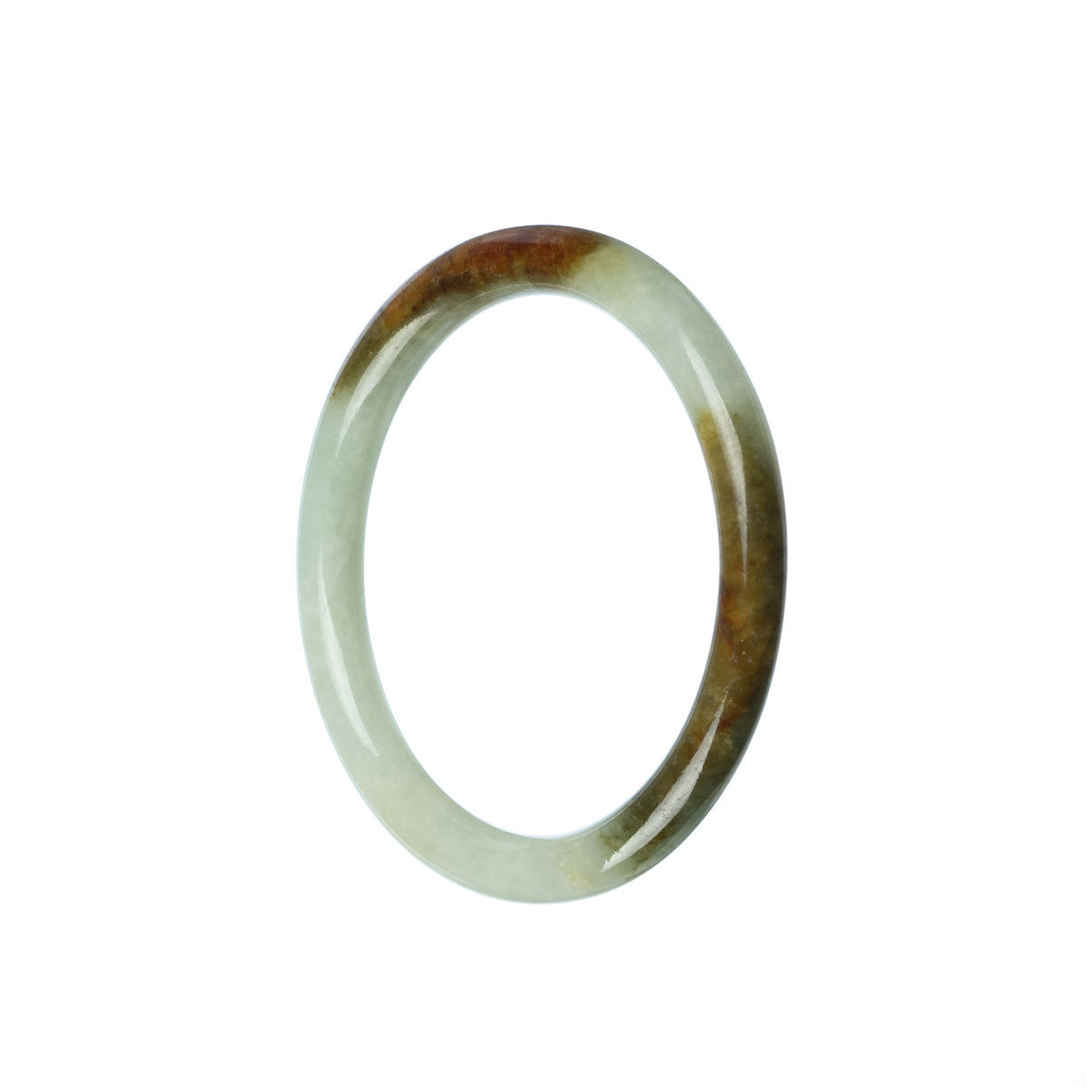 A small, delicate bangle bracelet made of genuine Grade A Green Brown Burma Jade, measuring 53mm in size. It features a beautiful, natural color and is expertly crafted by MAYS™.