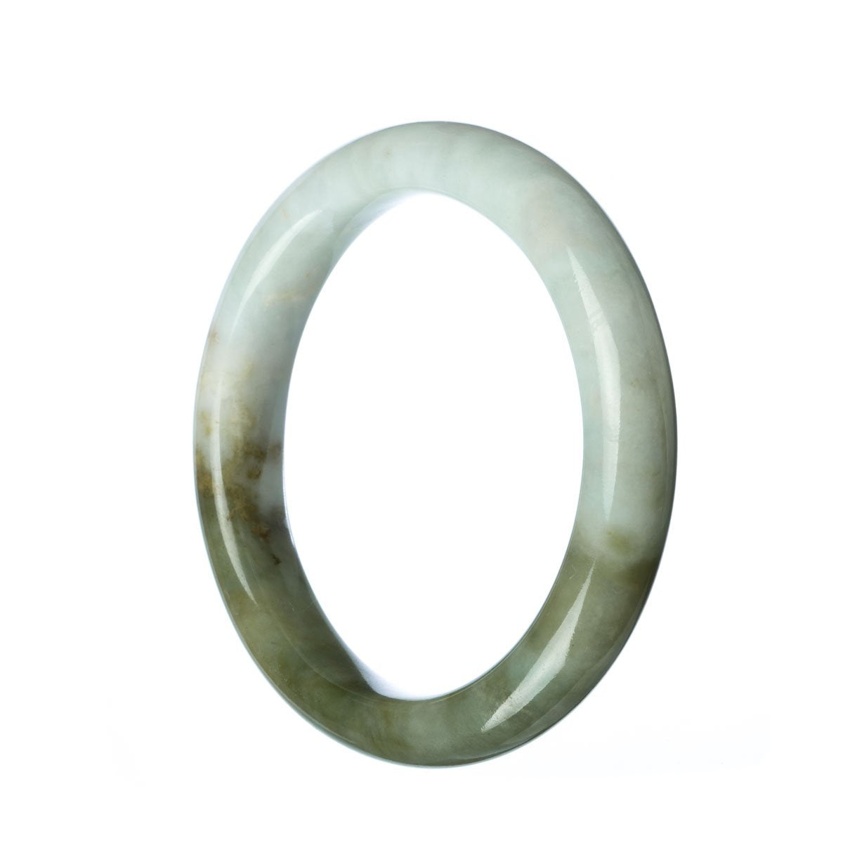 A close-up image of a green and white traditional jade bangle with a semi-round shape. The bangle is made of genuine Type A jade and has a diameter of 59mm. It is a beautiful and timeless piece of jewelry from MAYS.