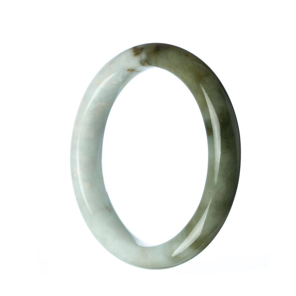 Image of an oval-shaped jade bangle with a vibrant green color, showcasing its natural beauty and smooth texture. The bangle has a semi-round shape with a diameter of 59mm, making it a perfect fit for an elegant wrist. The jade is of the highest quality, sourced from Burma, and is considered Grade A. This exquisite piece of jewelry, offered by MAYS, is a testament to the timeless allure and unique craftsmanship of Burmese jade.