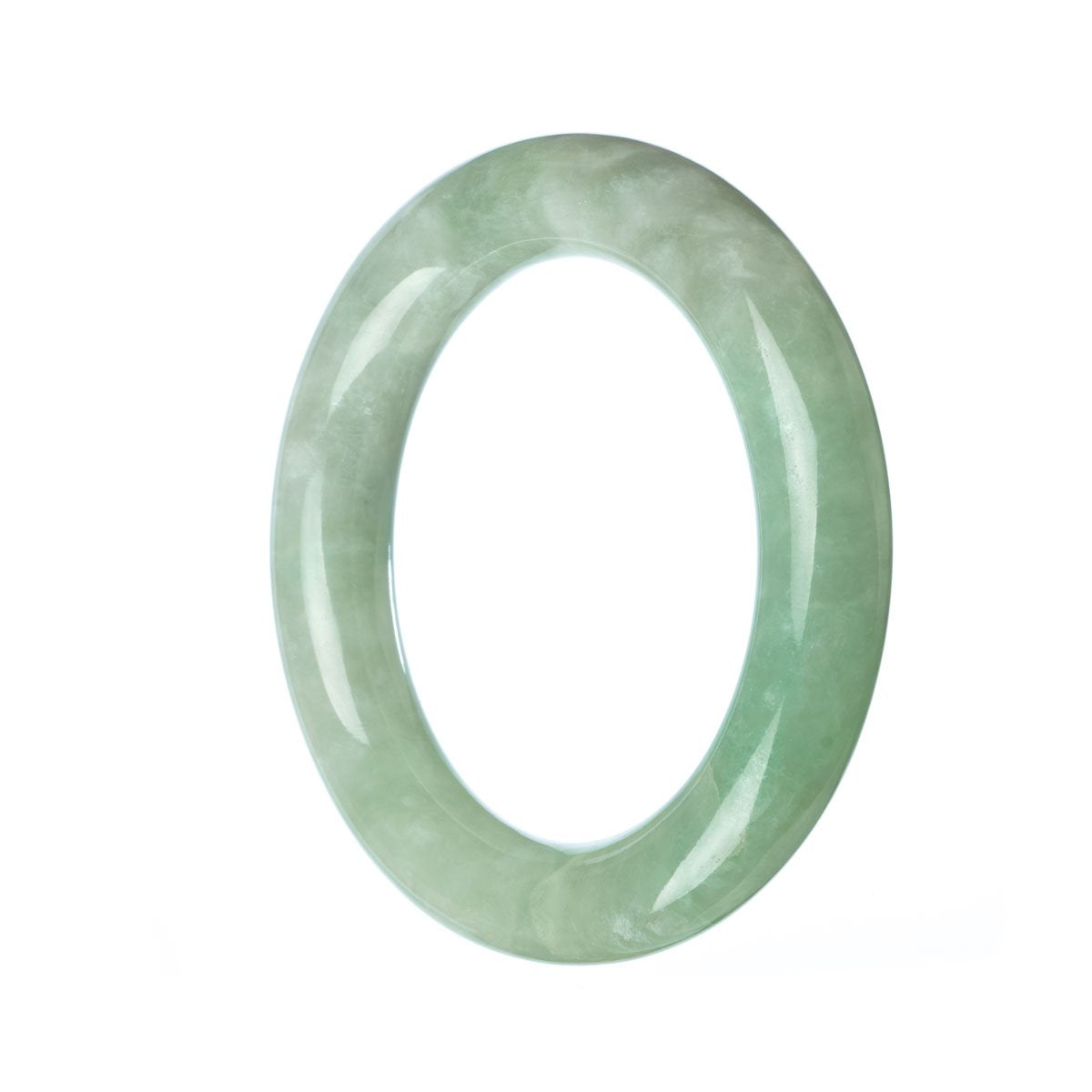 A round, untreated green jade bracelet with a traditional design, measuring 53mm in diameter. Made by Mays Gems.