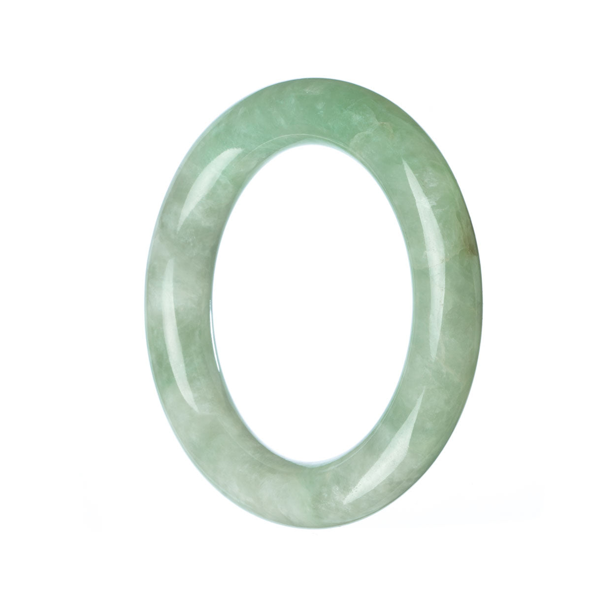A close-up image of a round, green jade bangle bracelet. The bracelet is made of genuine Grade A green jade and measures 53mm in diameter. It features a smooth and polished surface, showcasing the natural beauty of the jade stone. The bracelet is from the MAYS™ collection.