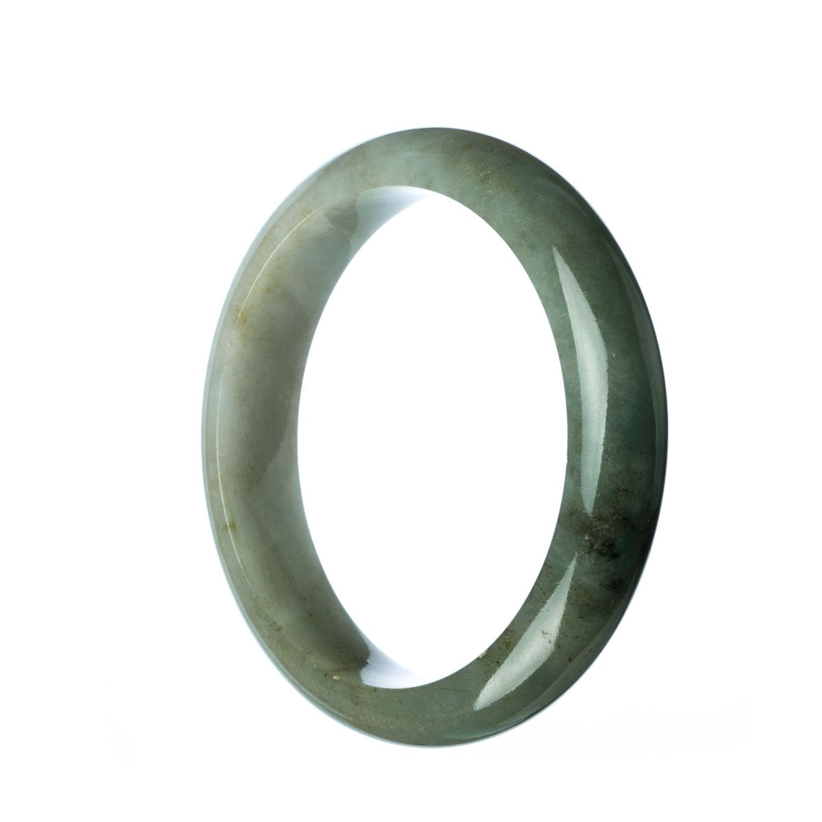 A close-up image of an authentic Type A Green Jadeite Jade Bracelet, measuring 59mm in diameter. The bracelet features semi-round jade beads and is sold by MAYS GEMS.