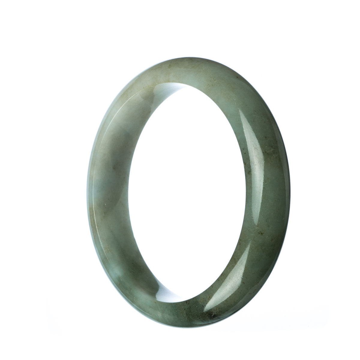 A close-up image of a green Burmese jade bangle bracelet, featuring a semi-round shape with a 59mm diameter. The bracelet is made of genuine Type A jade and is a product of MAYS™.