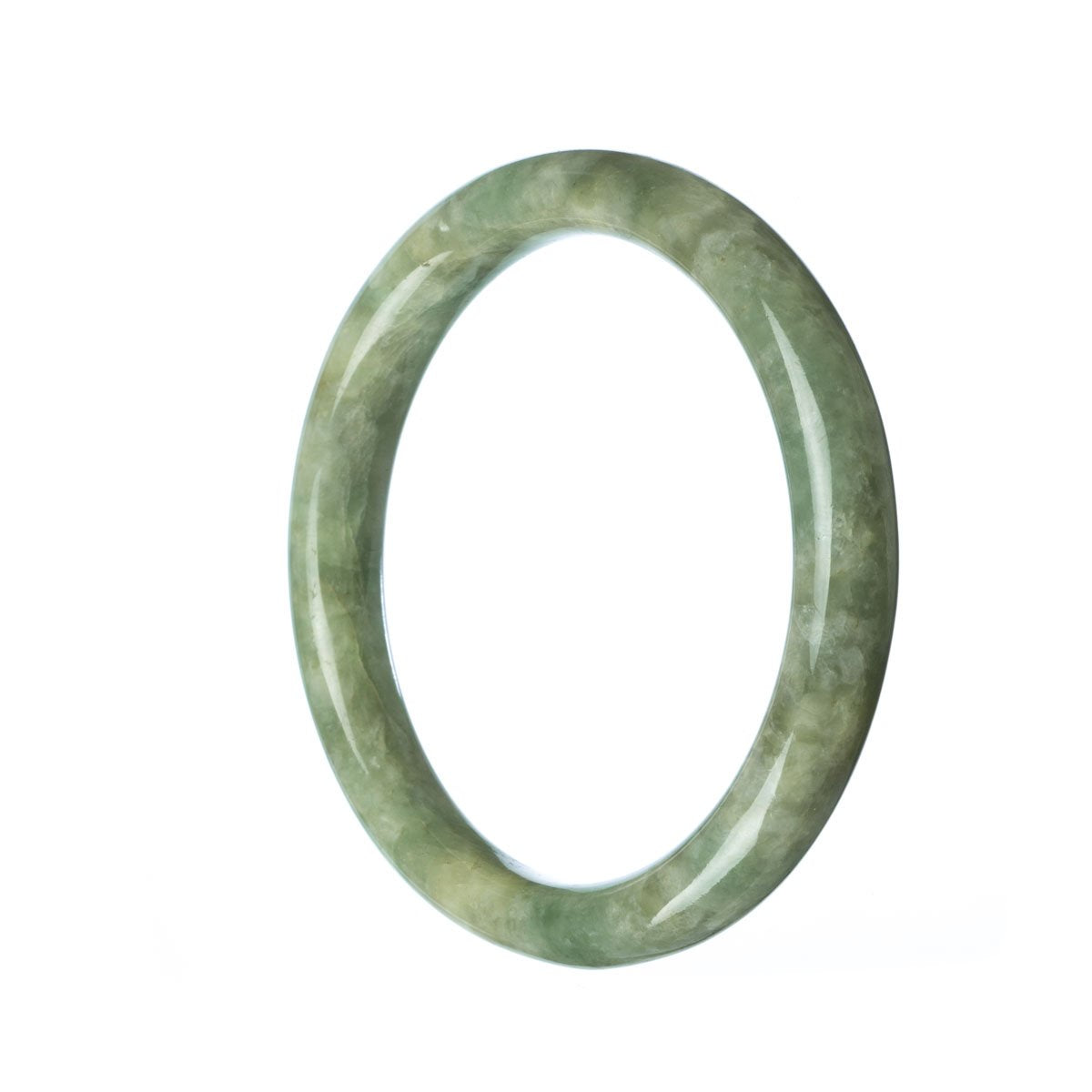 A beautiful, high-quality green jadeite bangle bracelet with a semi-round shape, measuring 59mm in diameter. Perfect for adding a touch of elegance and sophistication to any outfit.