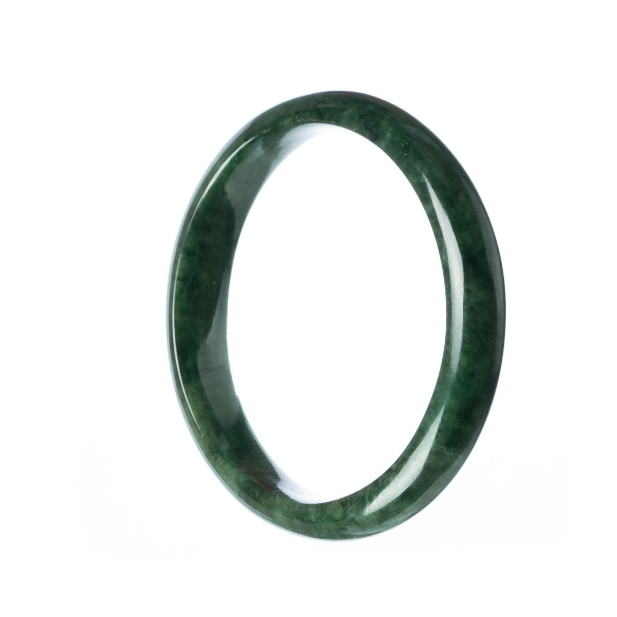 A close-up of a dark green jade bangle with a half-moon shape, exuding natural beauty and elegance.