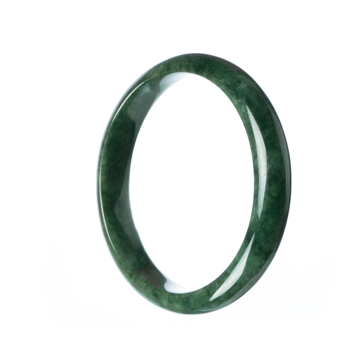 A close-up image of a dark green jadeite bracelet with a smooth, half-moon shape. The bracelet is made of high-quality, certified Grade A jadeite and is 60mm in size. It is a stunning piece of jewelry offered by MAYS GEMS.