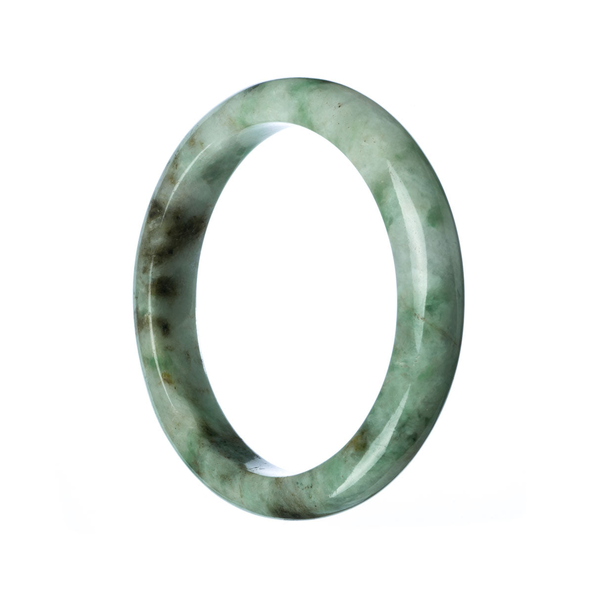 A close-up image of a green Burma Jade bracelet, featuring a semi-round shape and a certification label. The bracelet is crafted from untreated jade, showcasing its natural beauty.