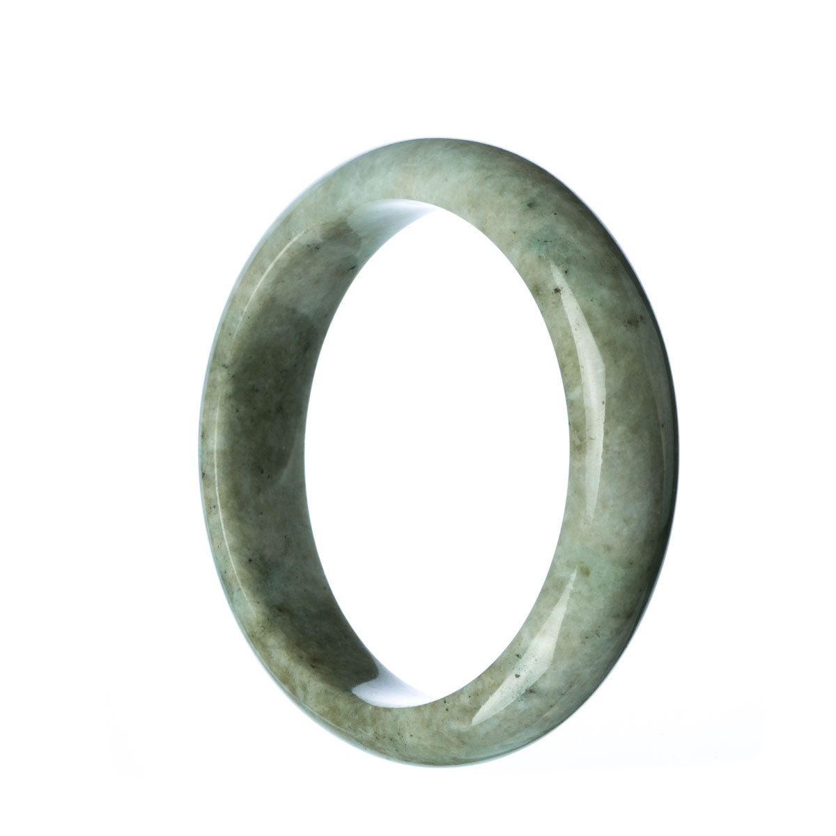 Close-up of a grey jade bangle bracelet in a half moon shape, showcasing its genuine grade A quality. The bracelet measures 59mm in diameter and is from the brand MAYS.