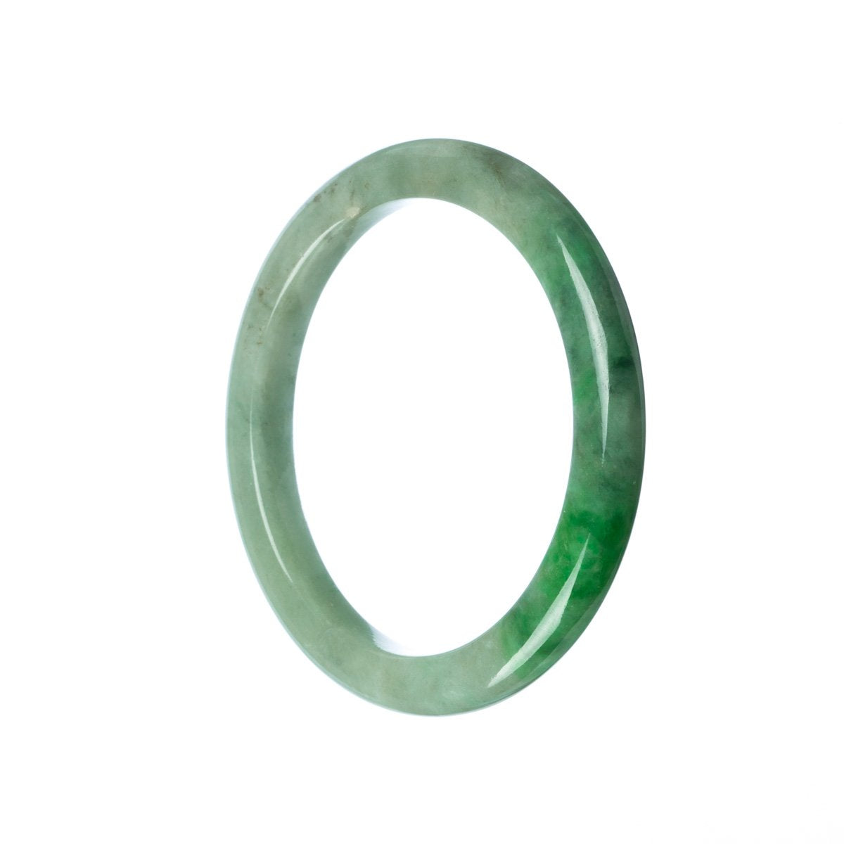 A close-up image of a beautiful green jadeite bangle with a semi-round shape, measuring 58mm in diameter. The bangle has a smooth and glossy surface, showcasing the stunning natural color and texture of the jadeite. The intricate patterns and variations in shades of green add to the overall allure of this exquisite piece. Perfect for those who appreciate the elegance and timeless beauty of jadeite jewelry.