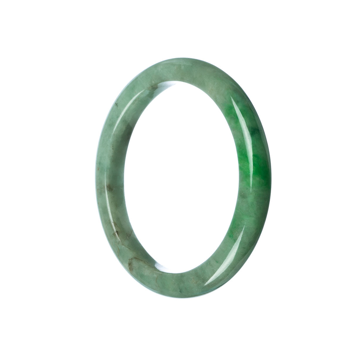 A close-up photo of a beautiful green jade bracelet with a semi-round shape, measuring 58mm in diameter. The bracelet has a traditional design and is made of genuine, natural jade. It is a stunning piece of jewelry.