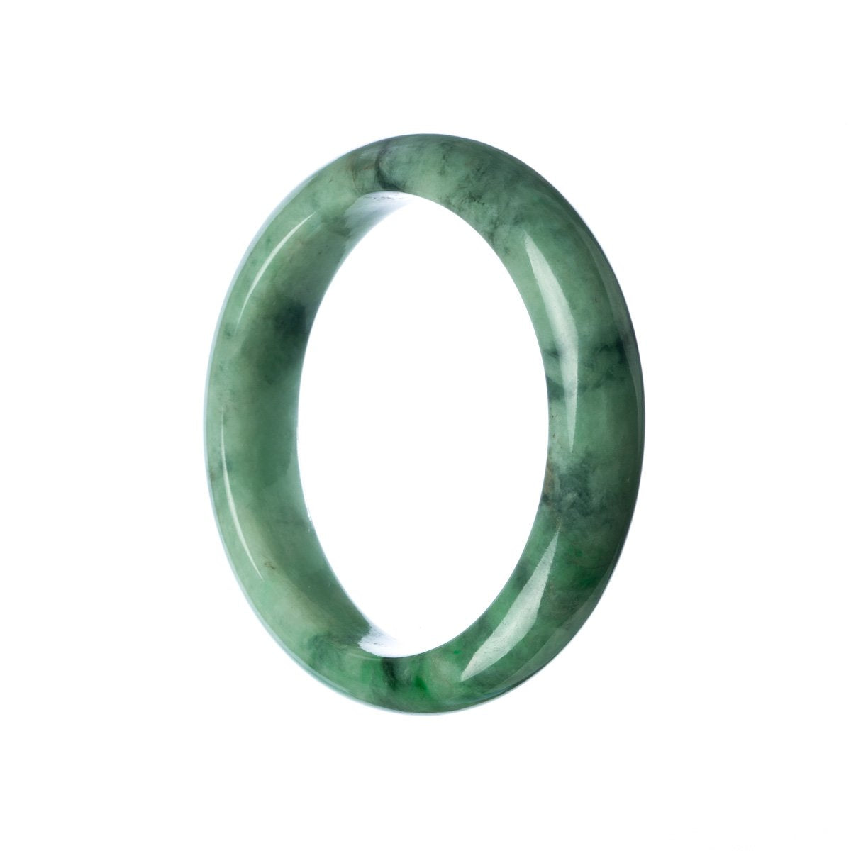 An exquisite green Burmese jade bracelet featuring genuine Grade A stones. The bracelet is 57mm in size and has a semi-round shape. A stunning piece of jewelry from MAYS GEMS.