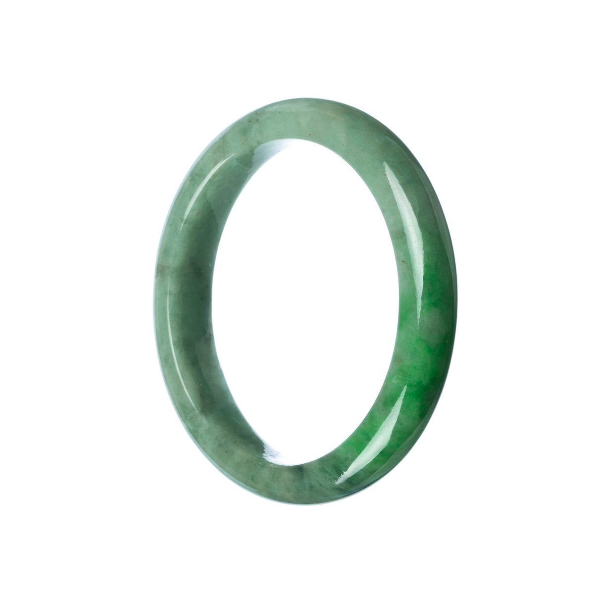 A close-up image of a beautiful green jade bracelet, crafted with high-quality grade A jade stones. The bracelet features a semi-round shape and has a diameter of 58mm. Perfect for adding a touch of elegance to any outfit.