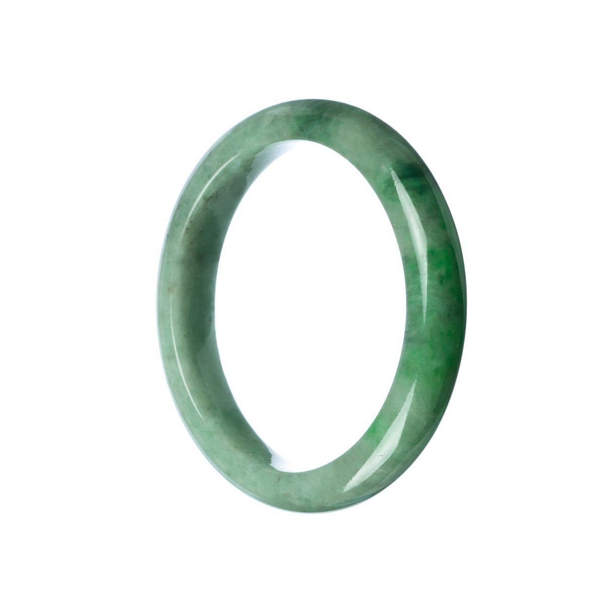 A close-up image of a beautiful green jade bangle with a semi-round shape, measuring 58mm in diameter. The bangle has a natural and authentic look, showcasing the unique beauty of Burma jade. Designed by MAYS™.