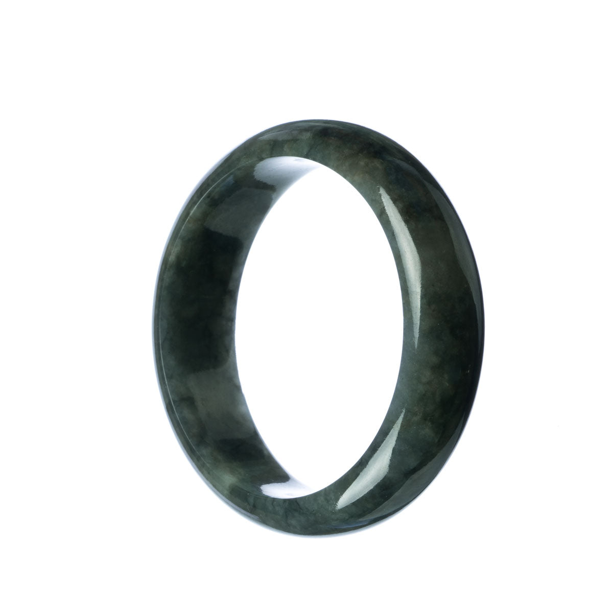A close-up photo of a dark grey jadeite jade bracelet with a half moon shape, measuring 58mm in diameter. The bracelet is of high quality and authenticity, made by MAYS™.
