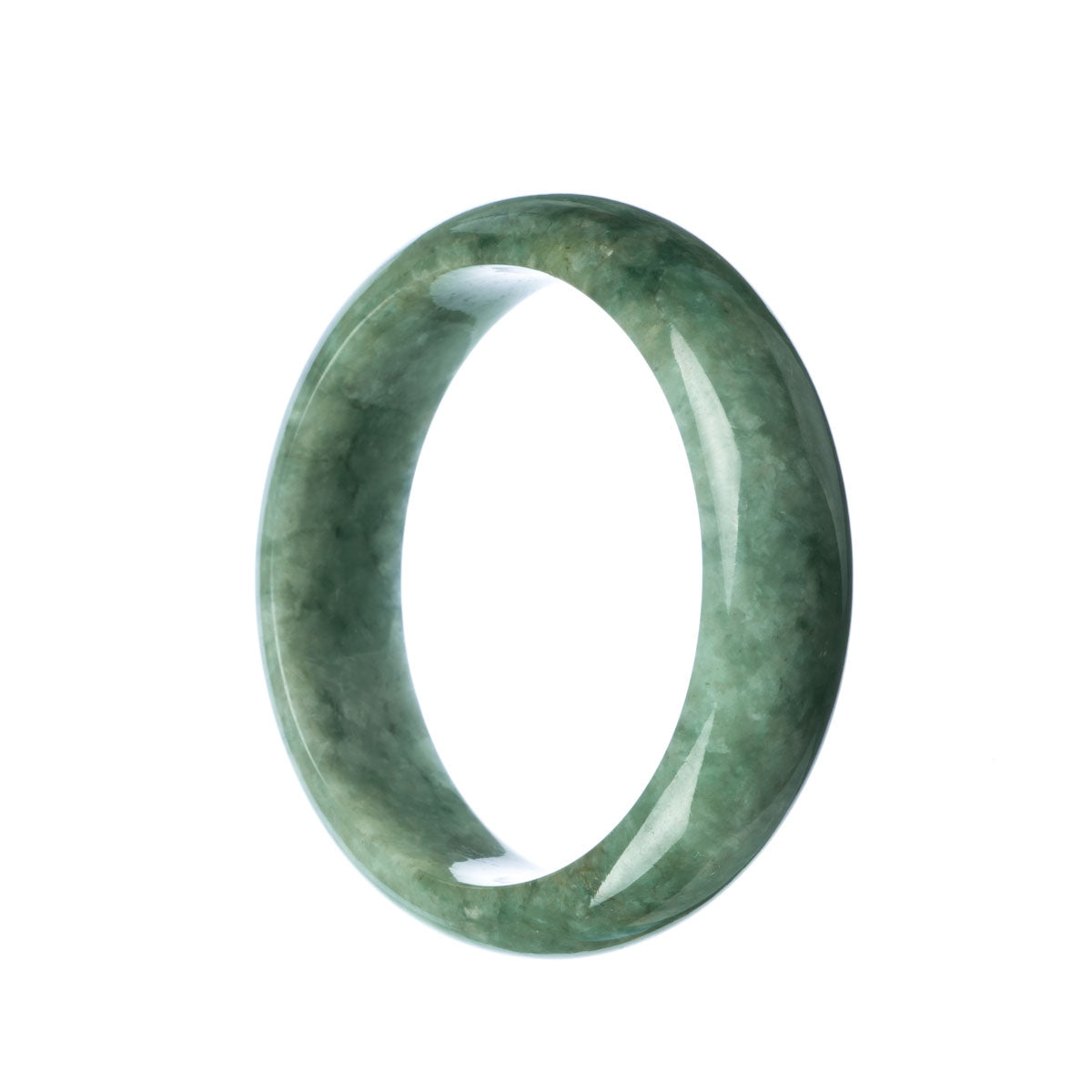 A close-up image of an authentic Type A Green Burmese Jade Bangle Bracelet. The bangle is in the shape of a half moon and measures 59mm in diameter. It features a vibrant green color and is crafted with high-quality Burmese jade. The bracelet is a stunning piece of jewelry from MAYS™.