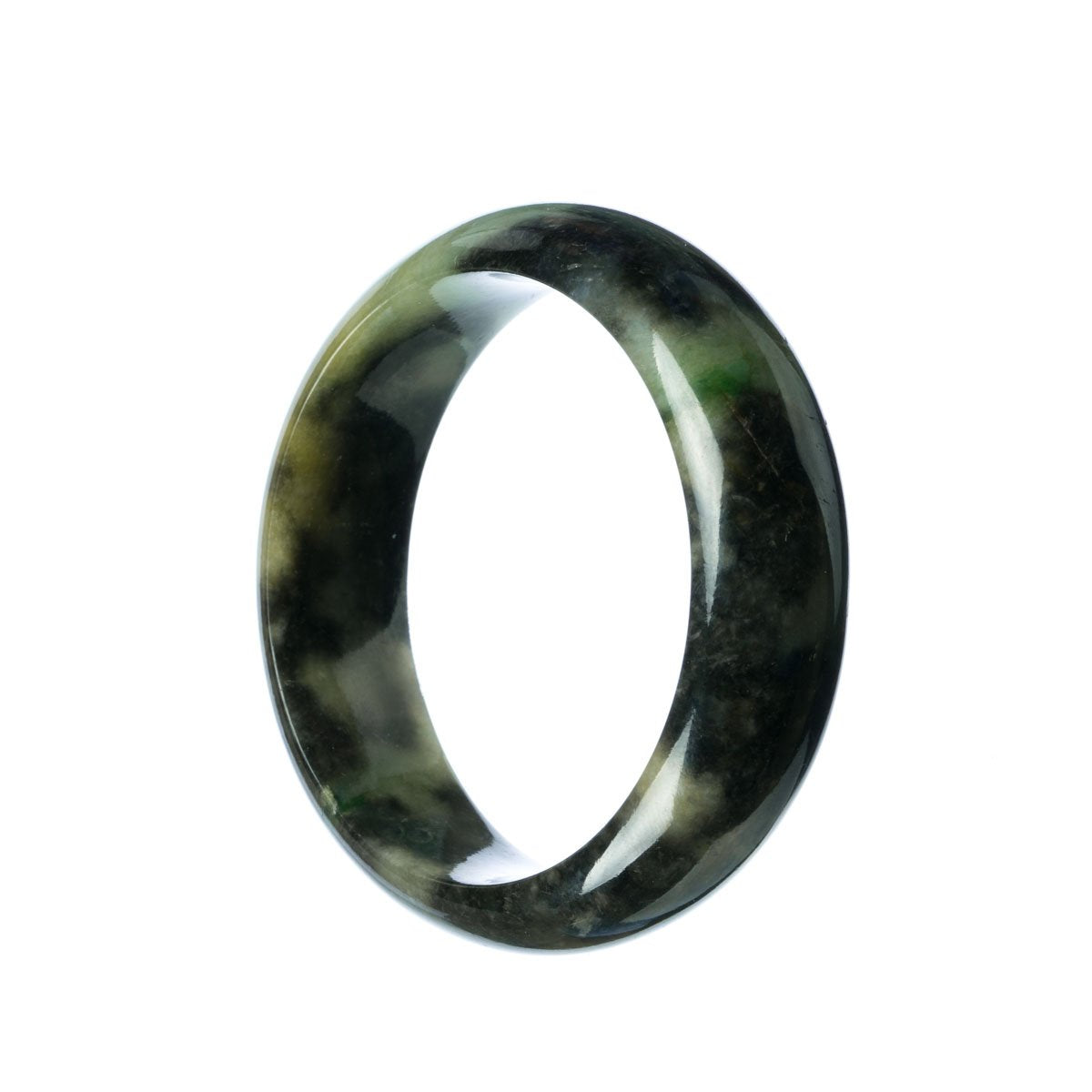 A half-moon shaped bracelet made from genuine Grade A Burmese Jade, featuring a vibrant green and yellow color.