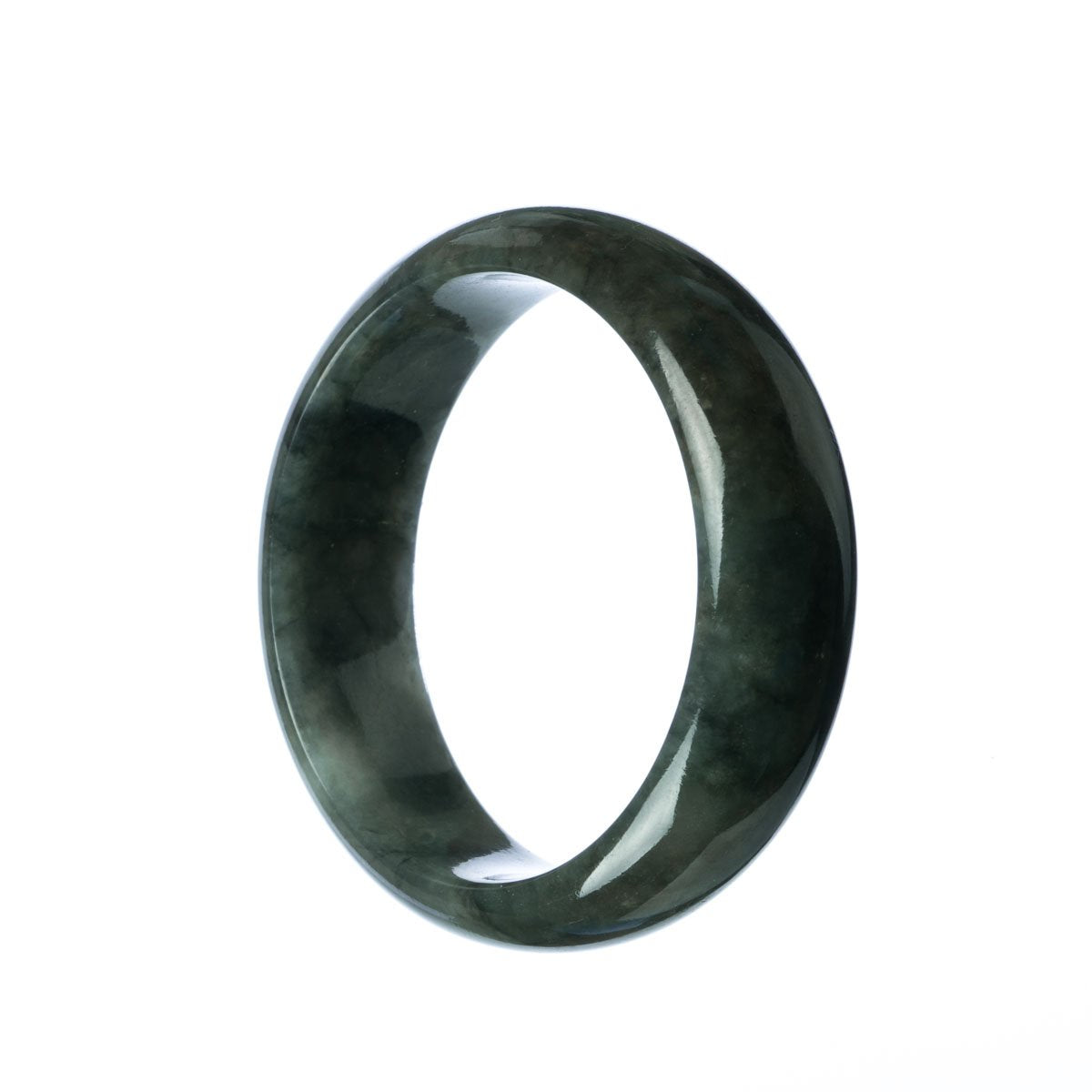 A half moon shaped grey jade bangle bracelet with a traditional design.