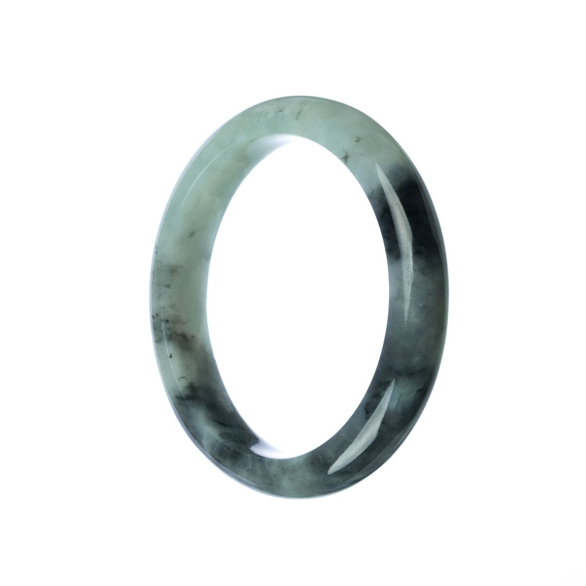 A close-up image of a grey traditional jade bracelet, 58mm in size, with a semi-round shape. The bracelet is made of genuine grade A jade and is sold by MAYS GEMS.