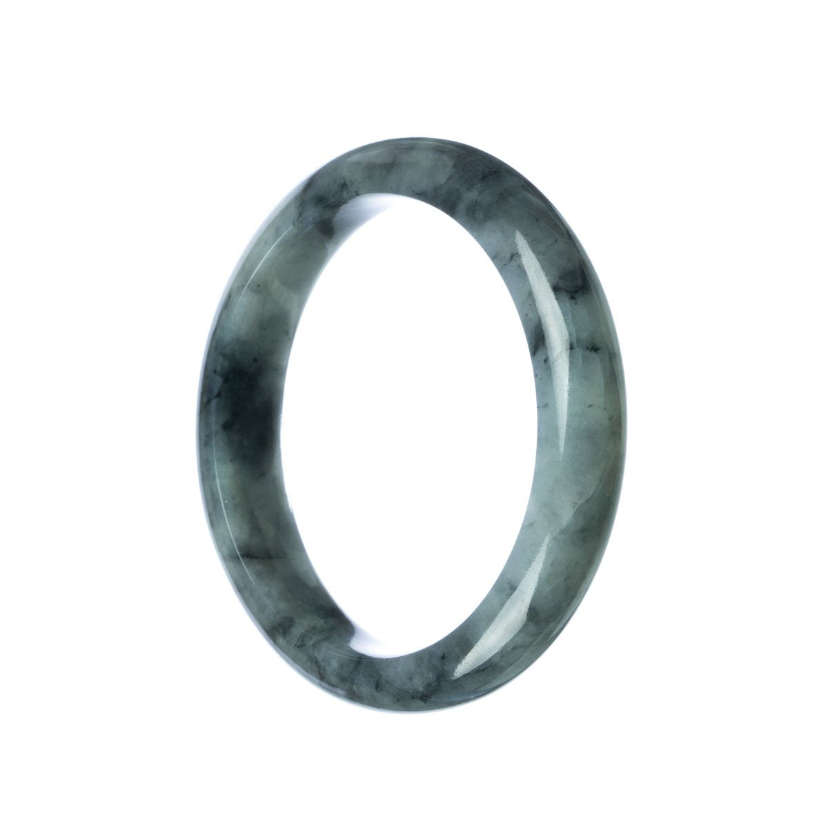 A close-up photo of a grey Burmese jade bangle bracelet. The bracelet has a semi-round shape and a smooth texture, showcasing the natural beauty of the stone. The grey color adds a sophisticated and elegant touch to the accessory.