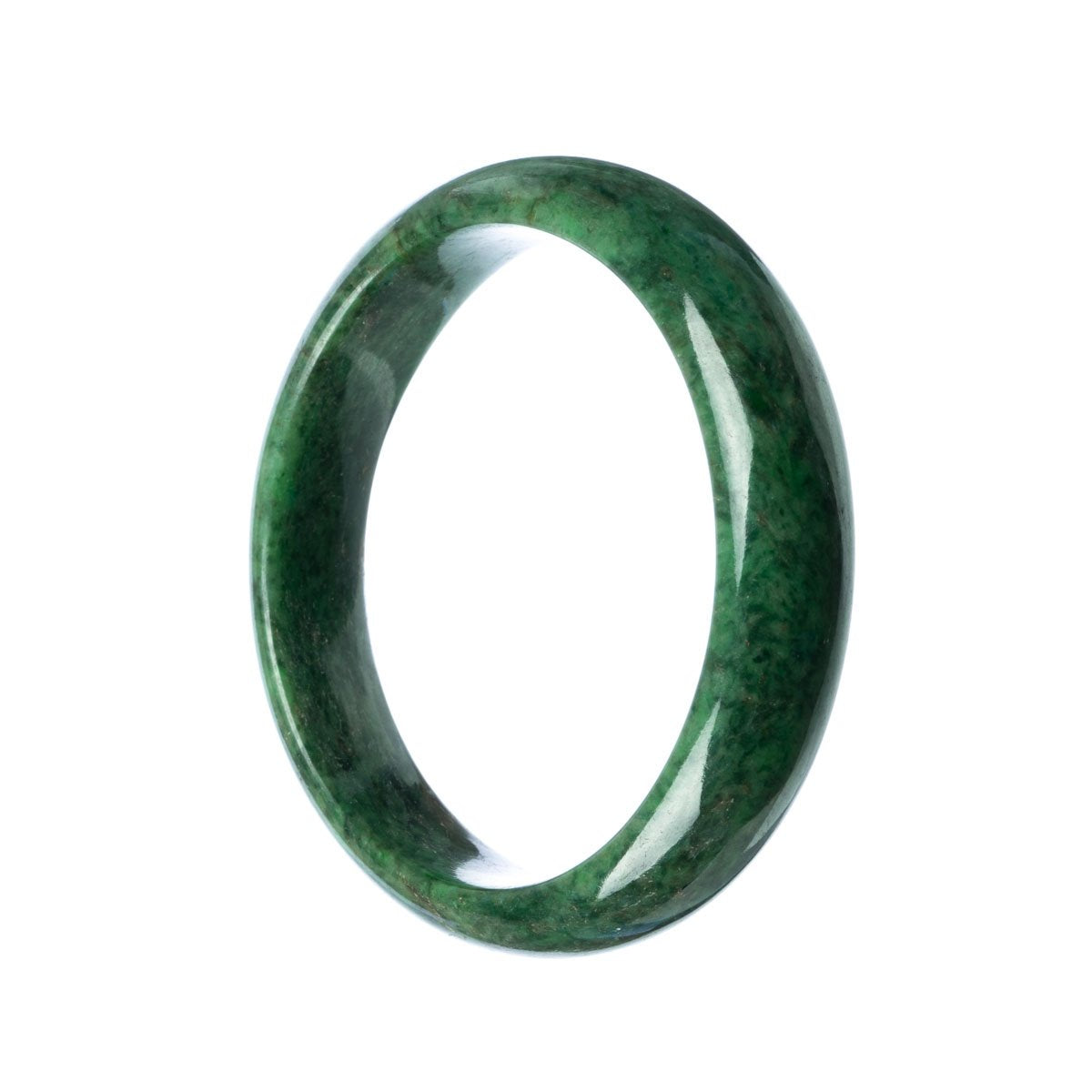 A close-up image of a beautiful green jade bangle bracelet with a half-moon shape. The bracelet is made of certified Grade A green jadeite jade and measures 63mm in diameter. It is a high-quality piece of jewelry from the MAYS™ brand.