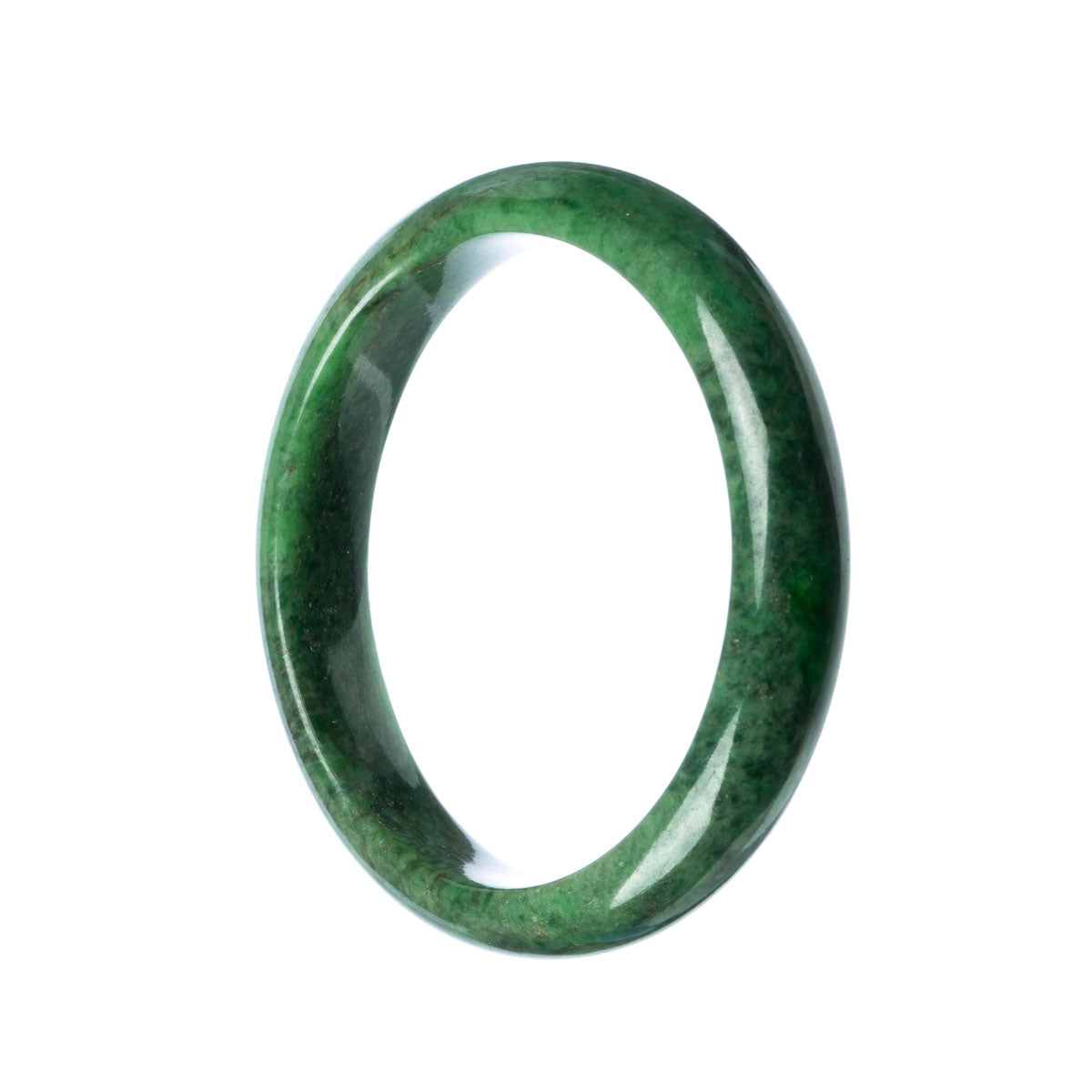 A stunning green Burma Jade bangle bracelet with a half moon shape, measuring 63mm in size. A genuine Grade A piece, perfect for adding a touch of elegance to any outfit.