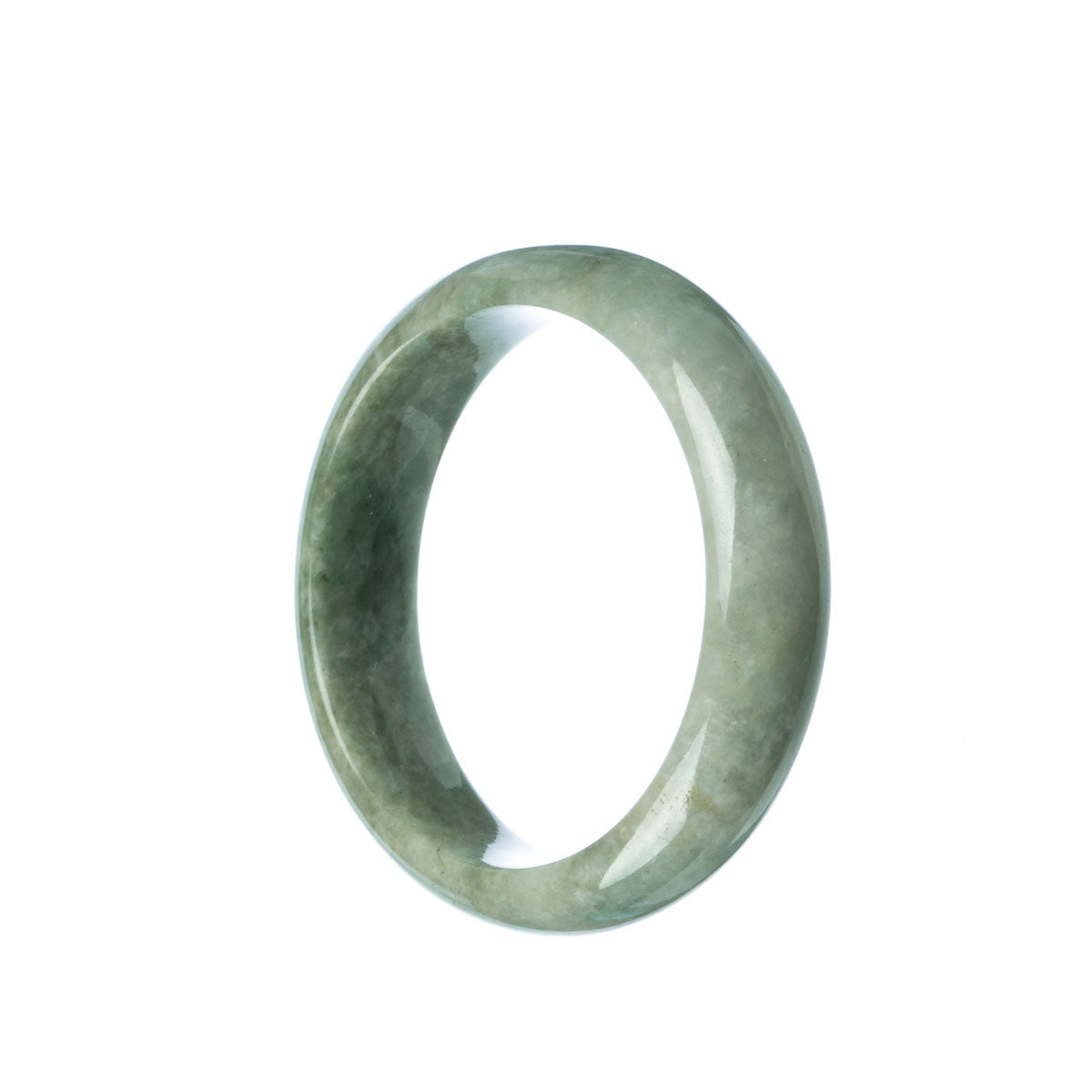 A close-up photo of a beautiful, high-quality green Burma Jade bracelet. The bracelet features a 53mm half moon shape and is made with real grade A Jade. It is a luxurious piece of jewelry that exudes elegance and sophistication.