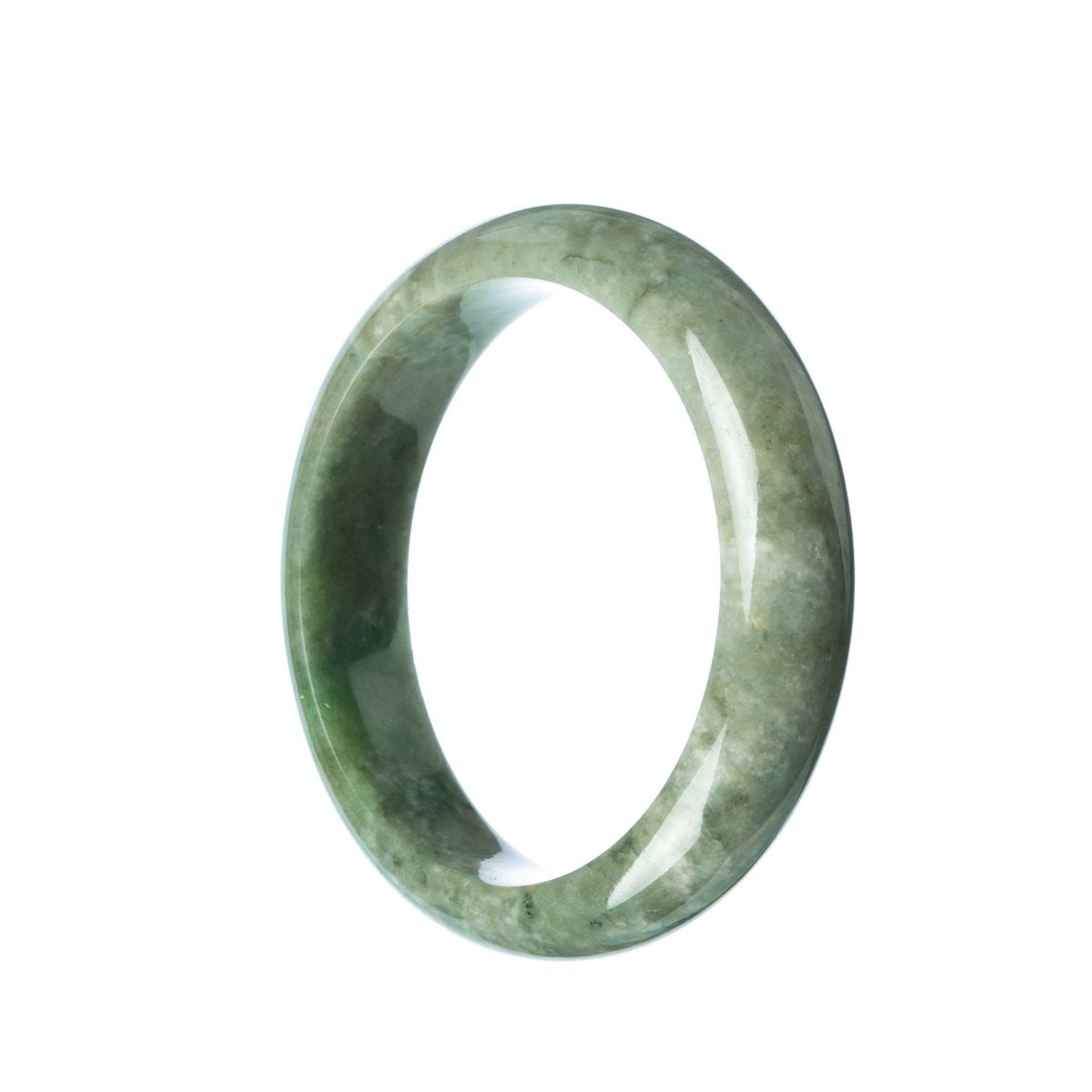 A close-up of a beautiful, half-moon-shaped green jadeite bangle, measuring 58mm in diameter. The bangle is made of high-quality, Grade A green jadeite and has a smooth, polished surface. It's a stunning piece of jewelry, perfect for adding a touch of elegance to any outfit.