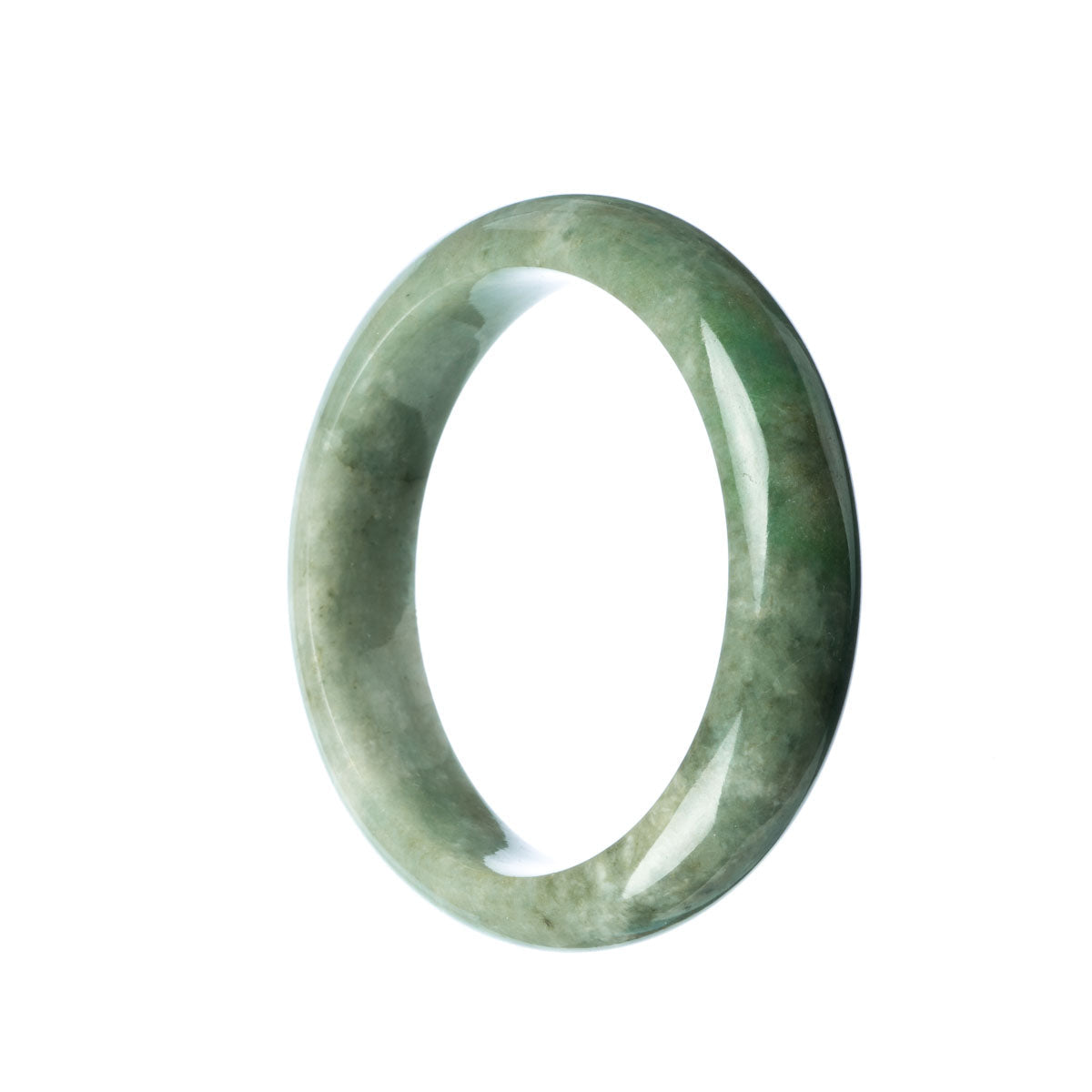 An elegant half moon-shaped Type A Green Traditional Jade Bangle, measuring 58mm in size, offered by MAYS GEMS.
