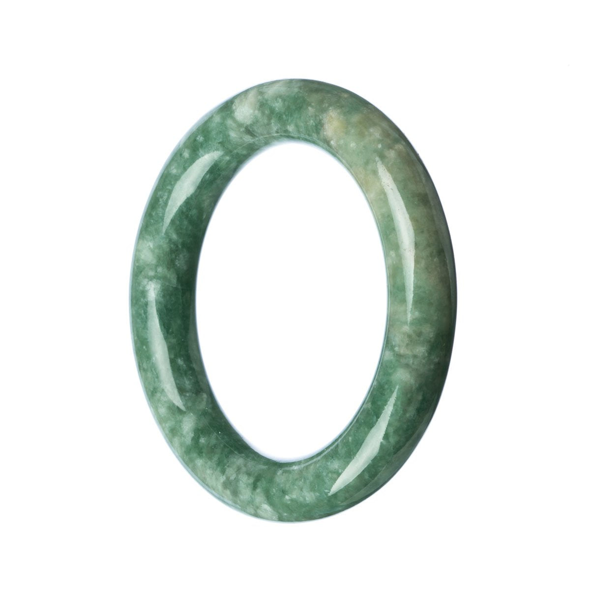 A round bangle bracelet made of certified natural green Burma jade, measuring 57mm in size. Crafted by MAYS GEMS.