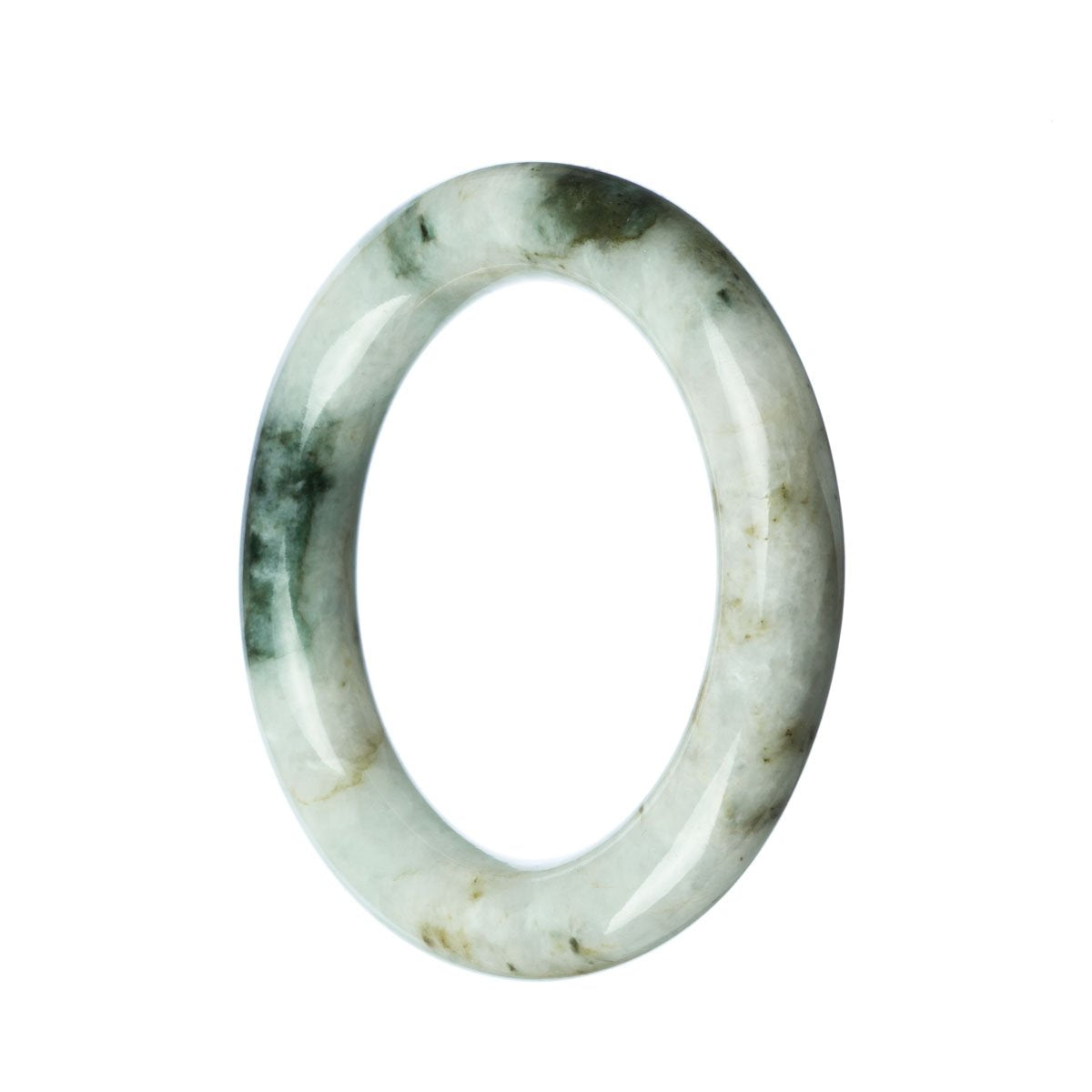 A round, white and green Burmese jade bangle, certified as Grade A quality, with a diameter of 57mm. Sold by MAYS.