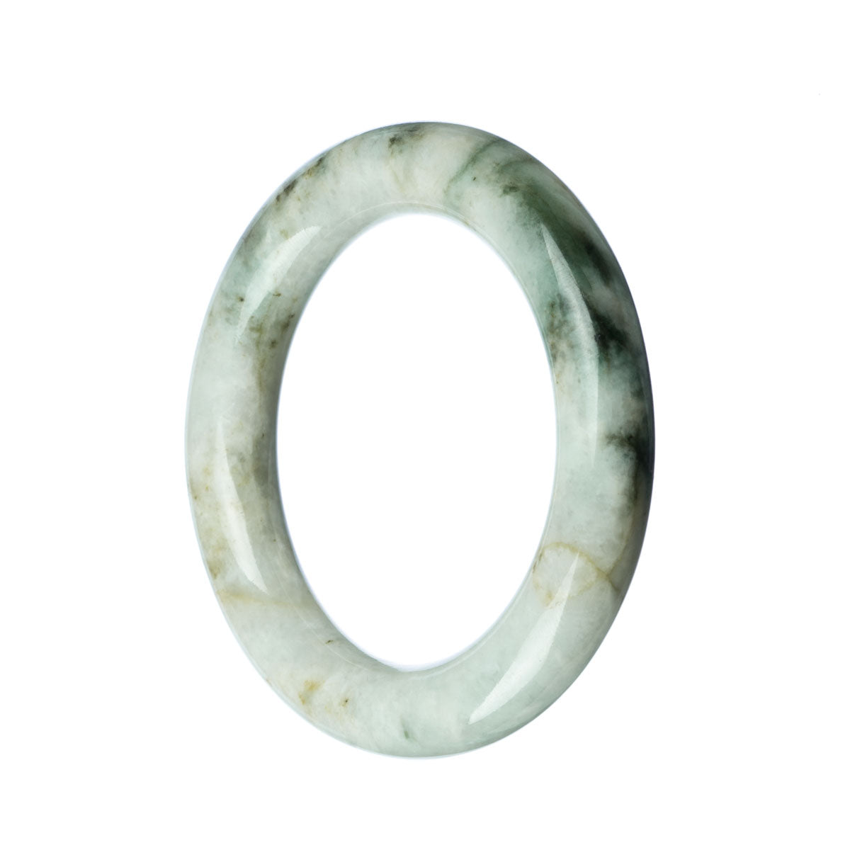 A close-up of a round, Real Grade A White Green Jade Bracelet with a diameter of 57mm. The bracelet showcases a beautiful blend of white and green tones, exuding elegance and natural beauty. A stunning piece from MAYS GEMS.