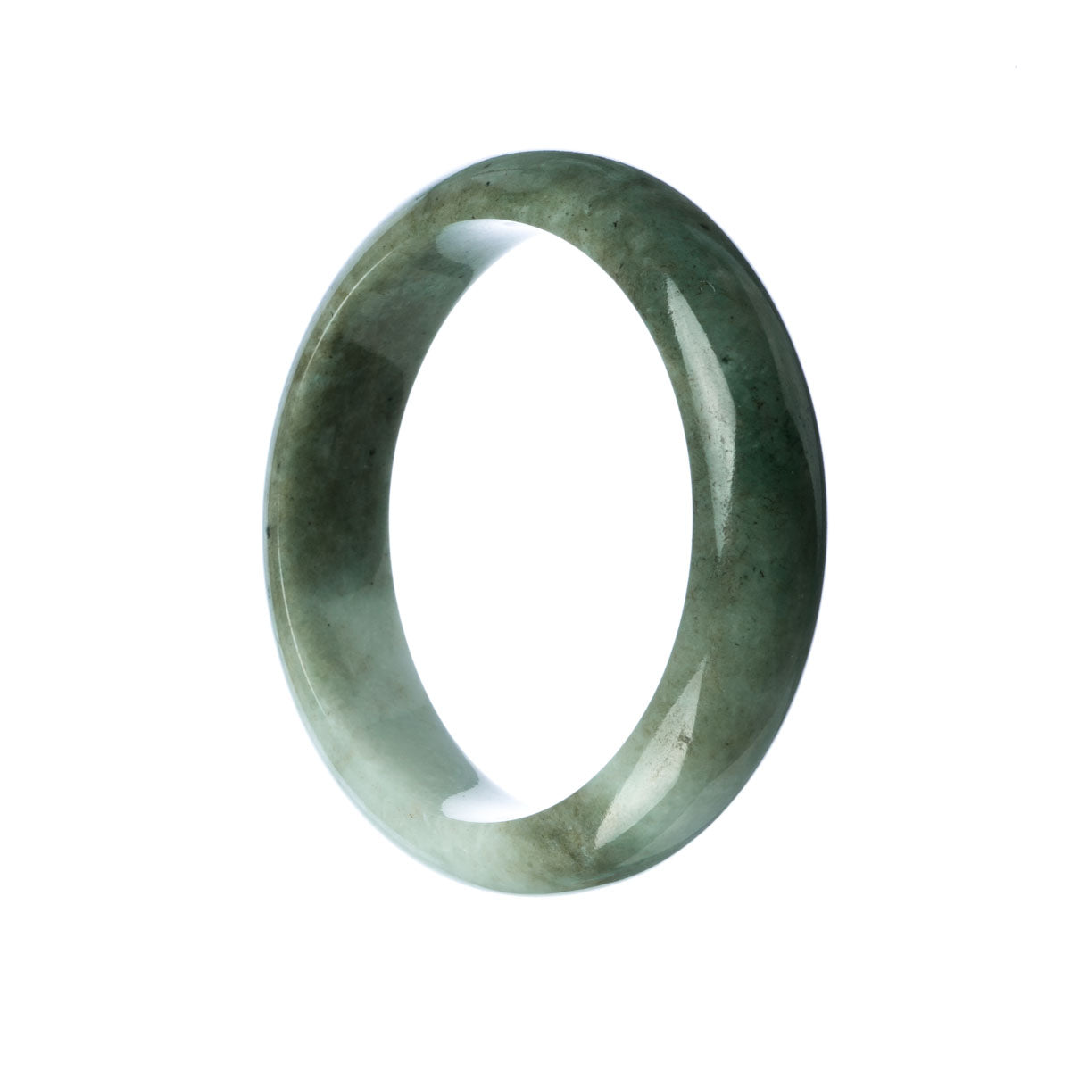 A half moon-shaped white jade bangle bracelet with a traditional green hue, certified as Type A.