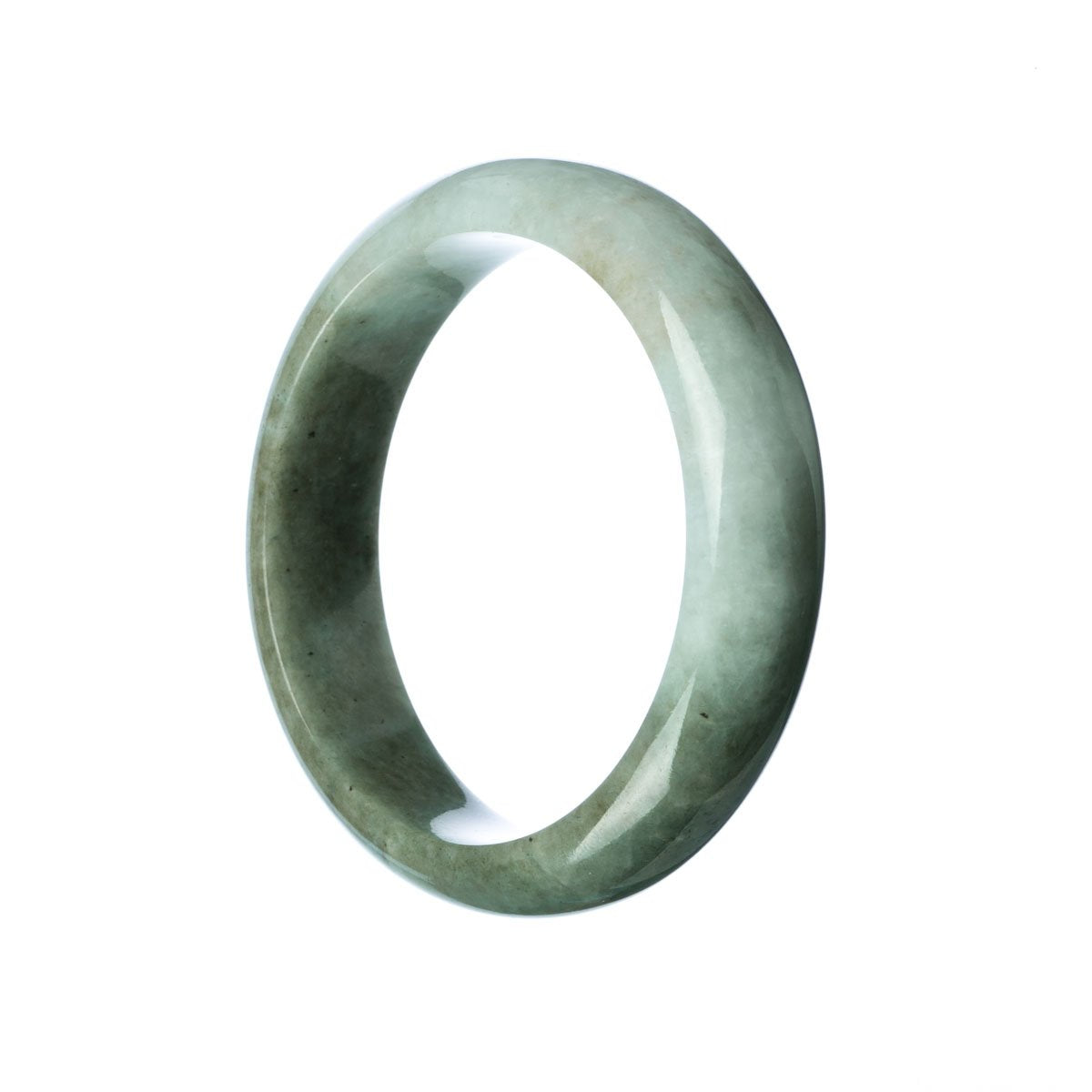 A beautiful green and white jade bangle bracelet in a half-moon shape, made from genuine Grade A jade.