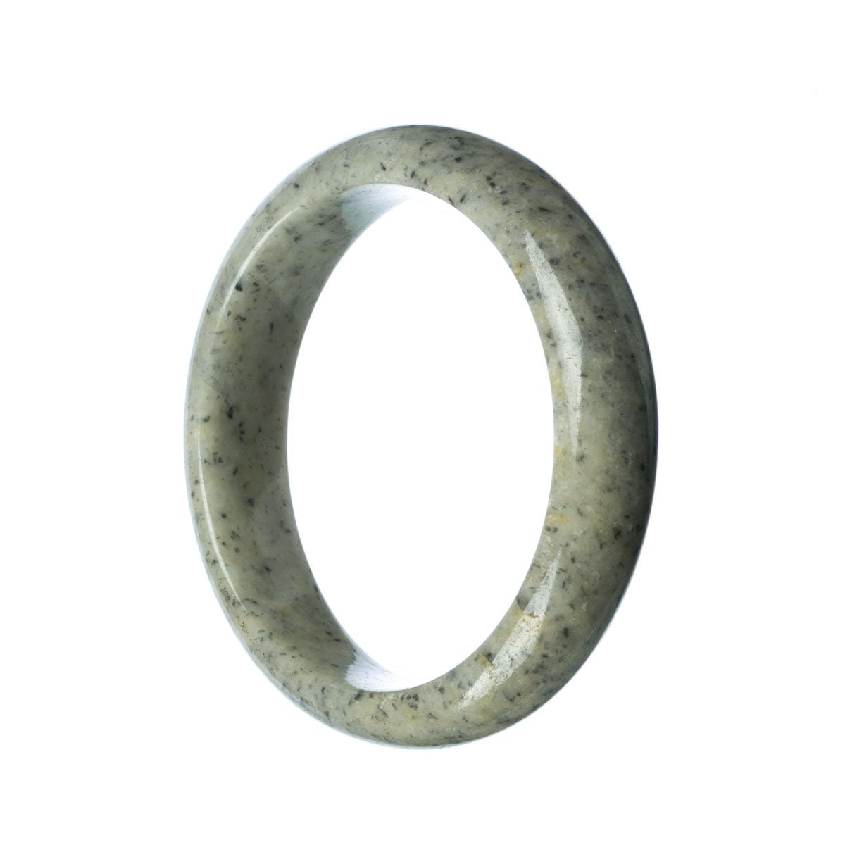 A close-up photo of a Real Grade A Grey Green Jadeite Jade Bangle, measuring 63mm in diameter. The bangle has a unique half-moon shape and is manufactured by MAYS.