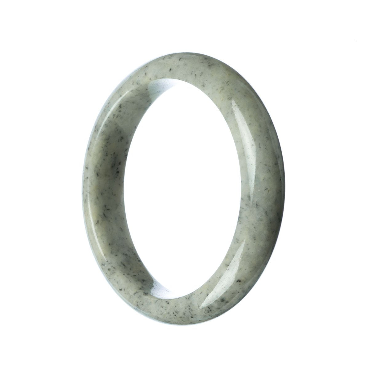 A close-up photo of a genuine Type A Grey Burmese Jade Bangle Bracelet. The bracelet is in a half-moon shape, measuring 63mm in diameter. It is a high-quality piece from the MAYS™ collection.