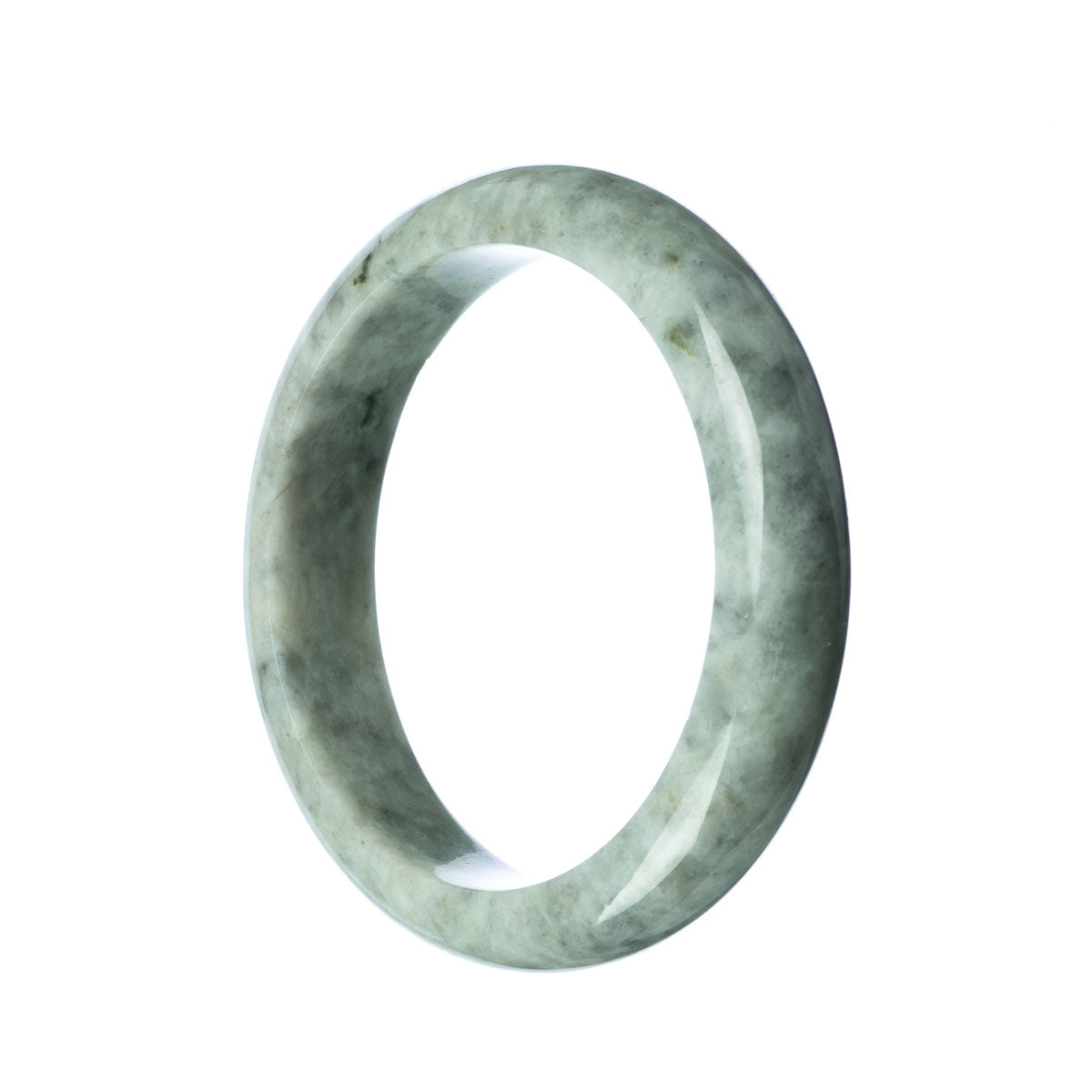 A high-quality grey jadeite jade bangle with a 63mm half moon shape, available from MAYS GEMS.