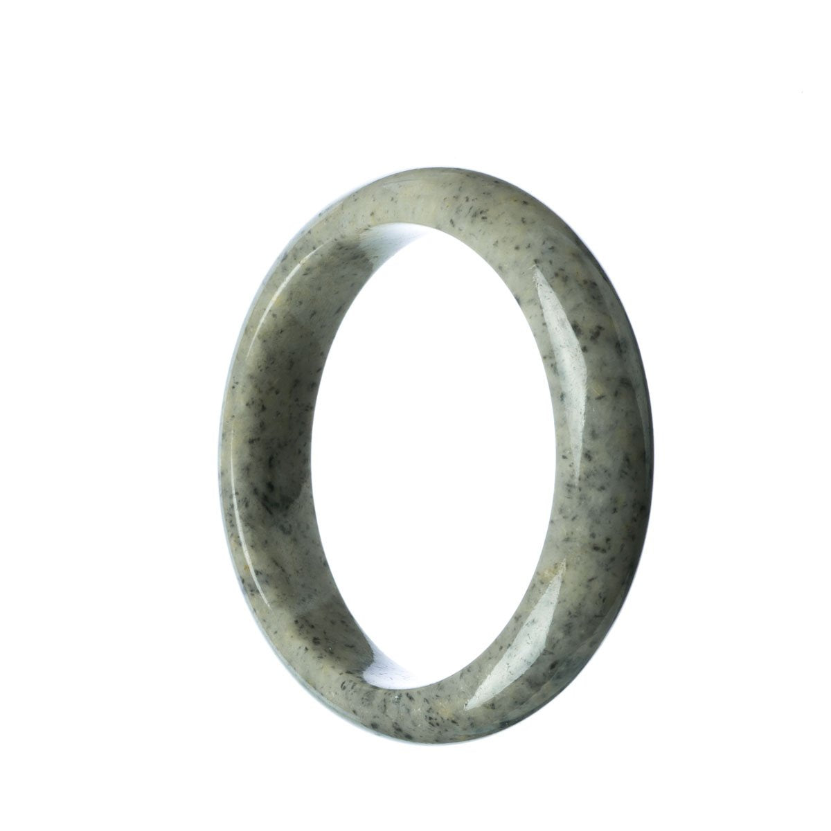 A beautiful grey jadeite bangle with a half moon shape, measuring 59mm in size. It is an authentic grade A jadeite, perfect for adding elegance and style to any outfit.
