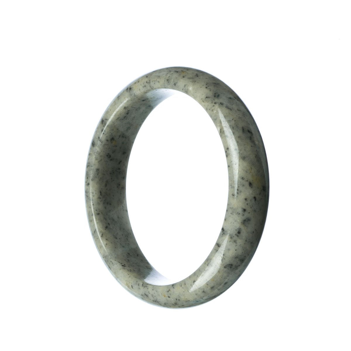 A beautiful grey Burmese jade bangle bracelet with a 59mm half moon shape, made with authentic Grade A jade. Sold by MAYS GEMS.