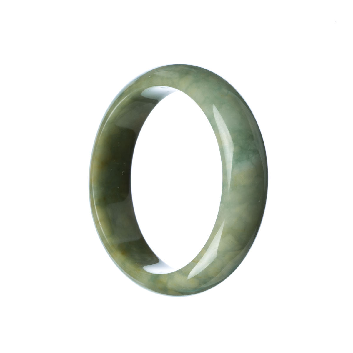 A close-up image of a green and brown bangle bracelet made from authentic Type A Burma Jade. The bracelet is in the shape of a half moon and measures 56mm in diameter. It is a stylish and high-quality piece from the MAYS™ collection.