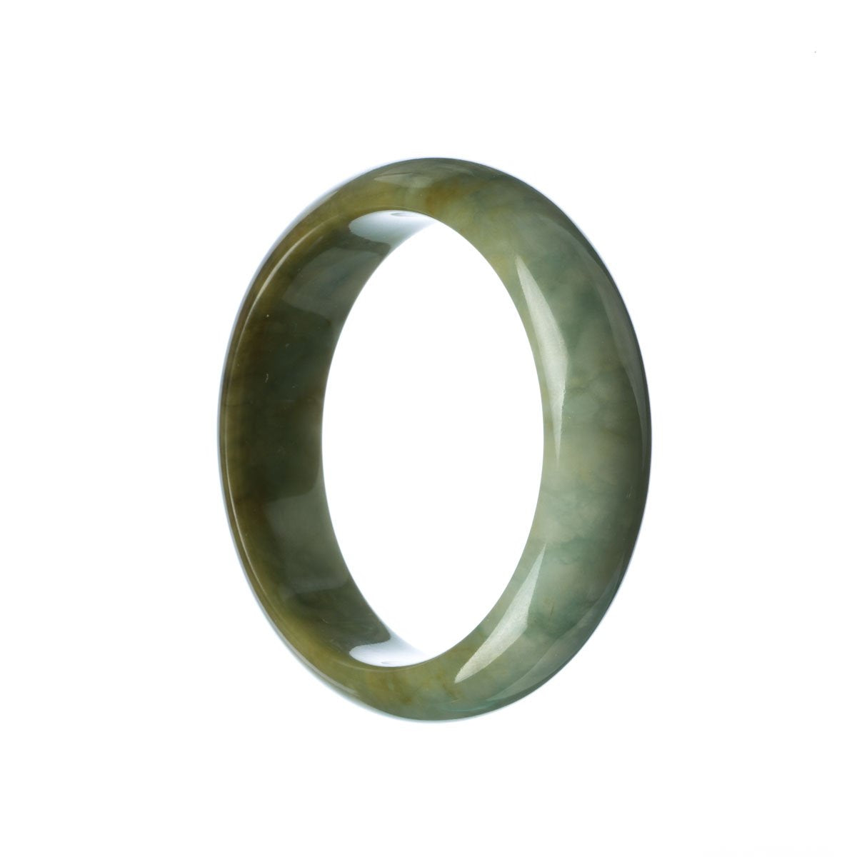 A half moon-shaped jadeite jade bracelet in green and brown color, boasting genuine Grade A quality.