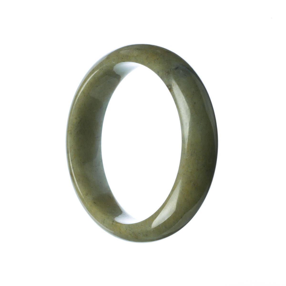 A close-up image of a Grade A grey brown Burmese Jade Bangle with a half moon shape. The bangle is certified and has a diameter of 59mm. It is a product by MAYS™.