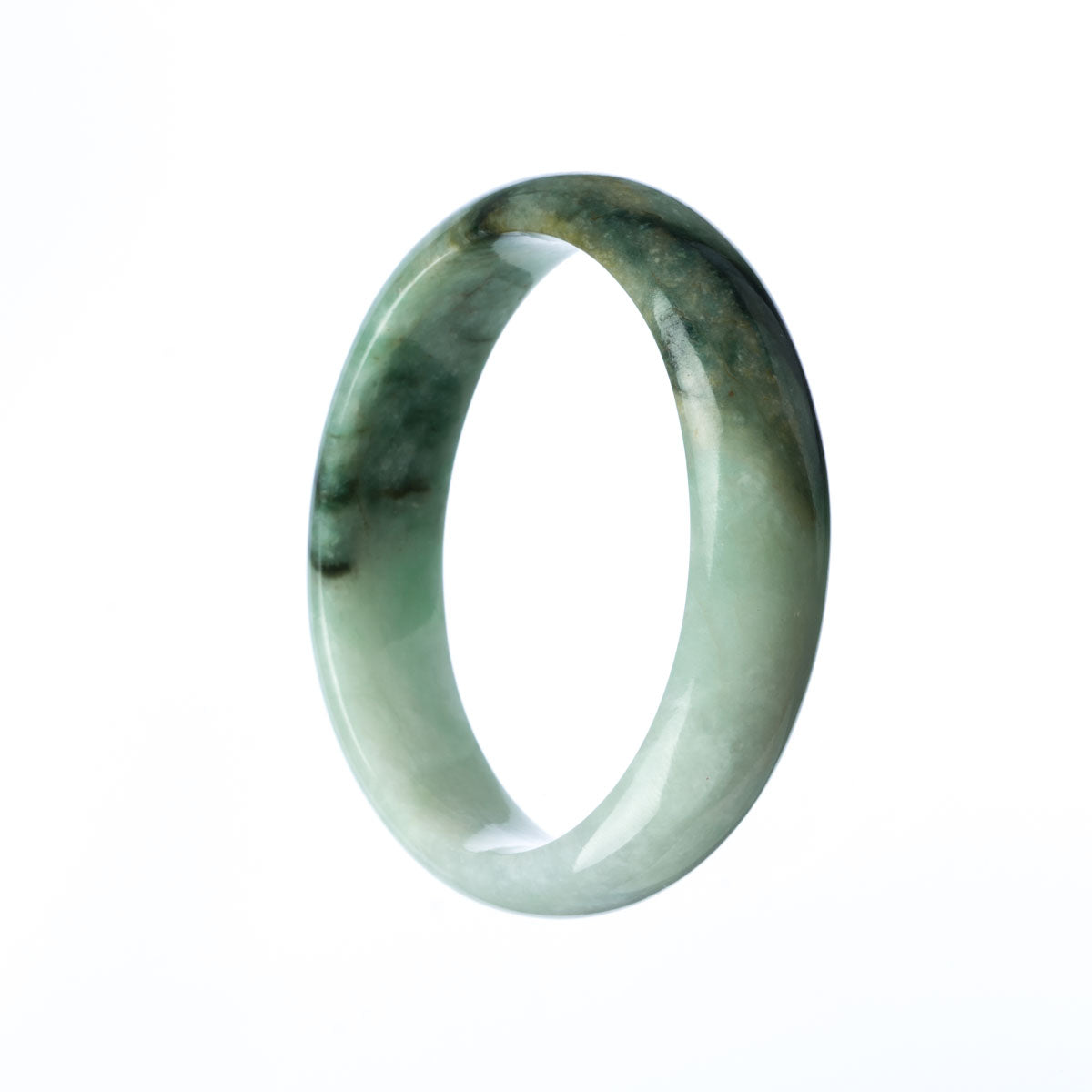 A close-up photo of a beautiful green bracelet made with genuine Type A Green Burma Jade. The bracelet has an oval shape and measures 59mm in size. The brand name "MAYS" is written in small letters.