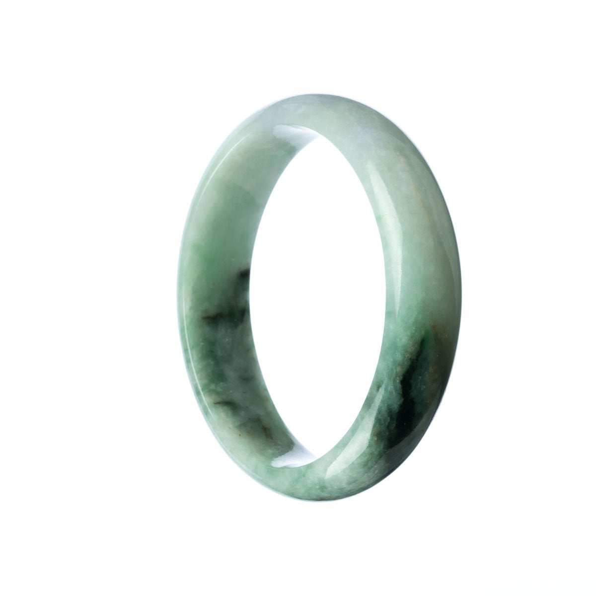 A close-up image of an oval-shaped, Grade A Green Burma Jade bracelet. The bracelet is crafted with authentic jade stones, known for their vibrant green color and natural beauty. It measures 59mm in size, making it a stunning piece of jewelry to add to your collection. The brand, MAYS, is displayed as well.