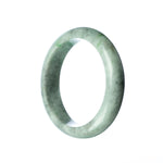 A close-up photo of an elegant, natural grey-green jade bangle with a smooth, polished surface. The bangle has a half-moon shape and measures 58mm in diameter. It is a genuine piece of jadeite jade, known for its beautiful color and durability.