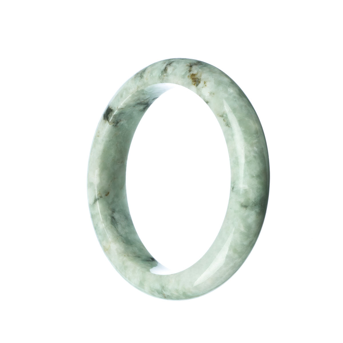 A close-up photo of an authentic Type A pale green jadeite bangle. The bangle is semi-round and has a diameter of 59mm. It is a fine piece of jewelry from the brand MAYS™.