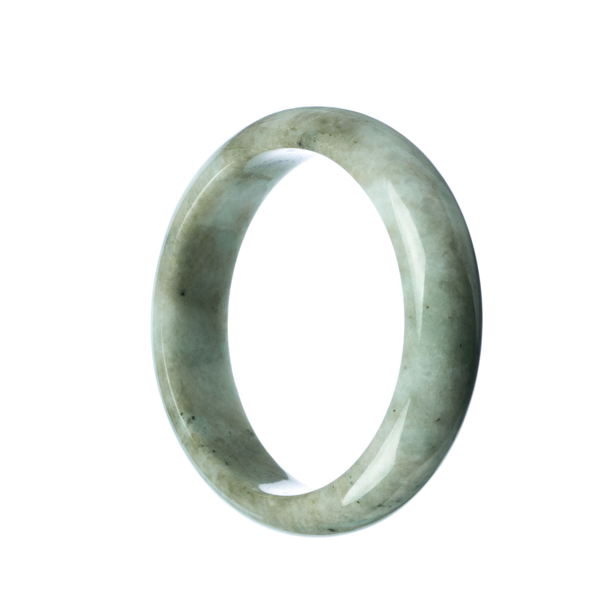 A beautiful grey green Burmese Jade bangle bracelet with a half moon shape, measuring 59mm in diameter. Perfect for adding a touch of elegance and natural beauty to any outfit. From the trusted brand, MAYS.